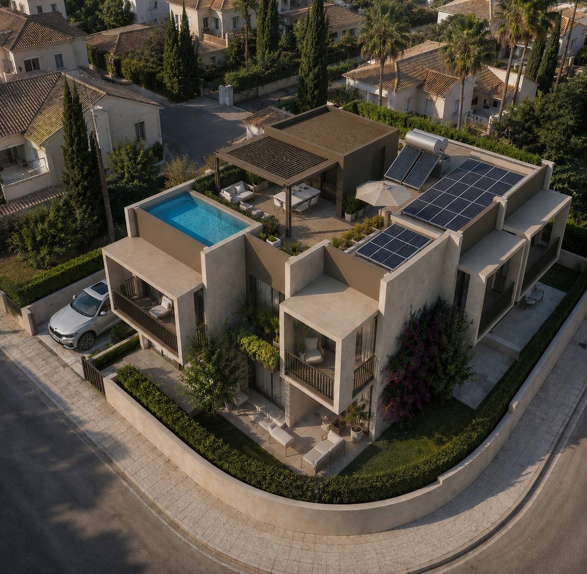 Aerial view of rooftop pool and solar panels