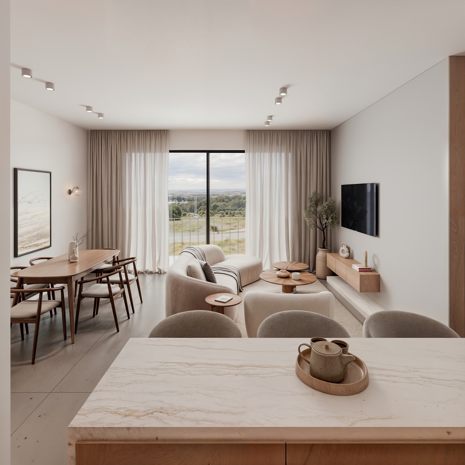 Open-plan kitchen and living interior rendering