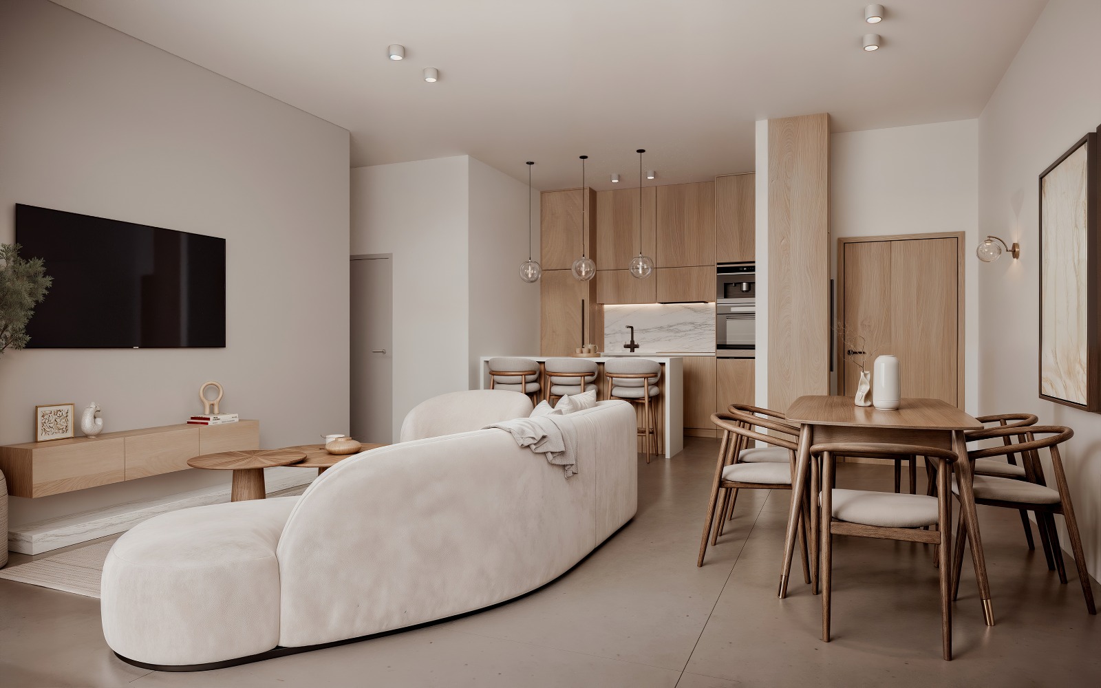 Living and dining room interior rendering